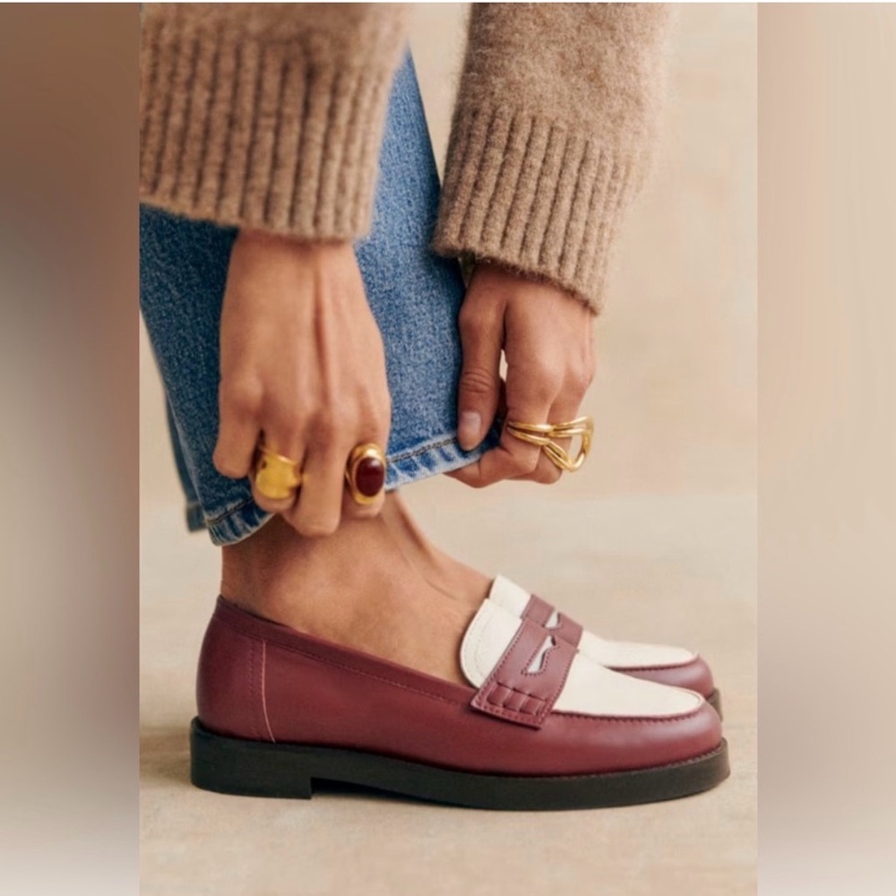Sezane Wine Burgundy and Cream Leather Penny Loafers
